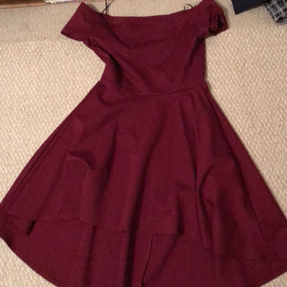 Maroon high low off the sleeve dress